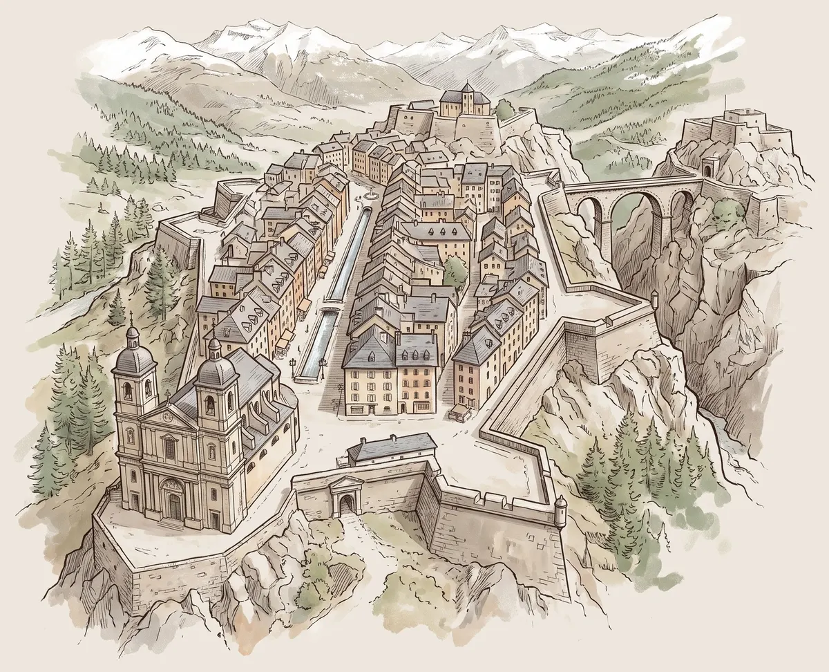 Illustration de la cité Vauban de Briançon : la Grande Rue et ses hautes maisons, la collégiale, les remparts et le pont au-dessus de la gorge de la Durance