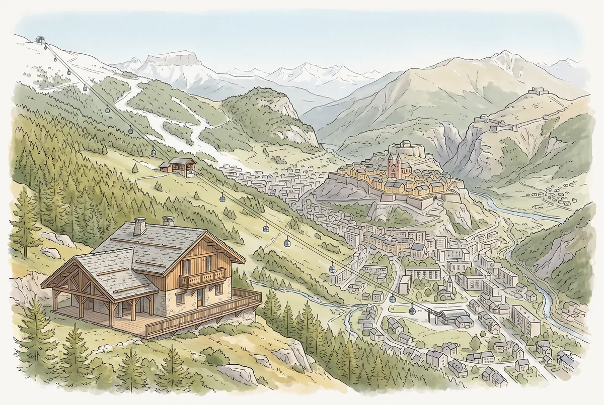 Illustration de la vallée : le chalet sur le versant de Puy-Saint-Pierre, la télécabine qui monte vers les pistes, et en contrebas Briançon avec sa cité fortifiée